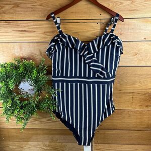 City Chic Plus Sz Swimsuit Navy White Ruffle Flattering sz 20